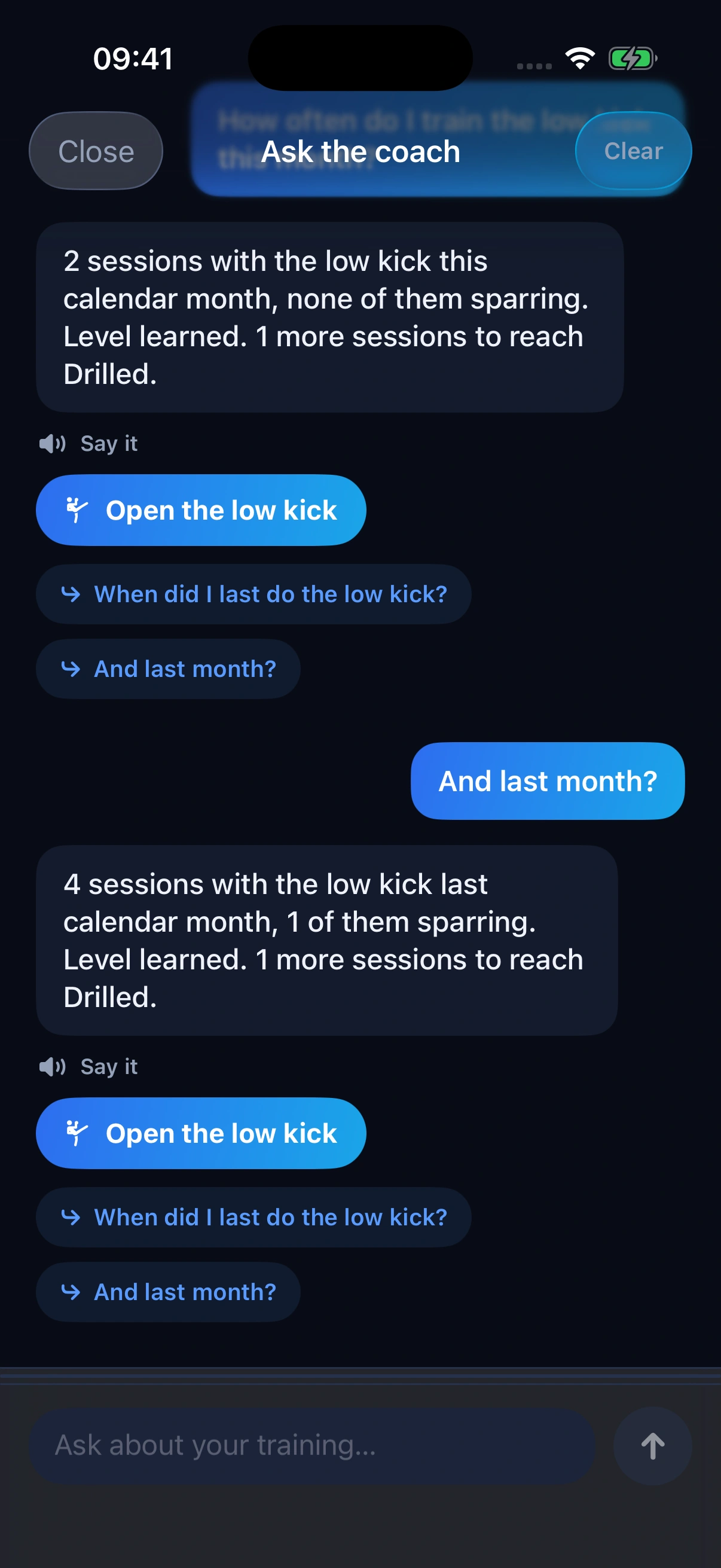 MuayCamp coach conversation: low-kick practice and a follow-up about last month