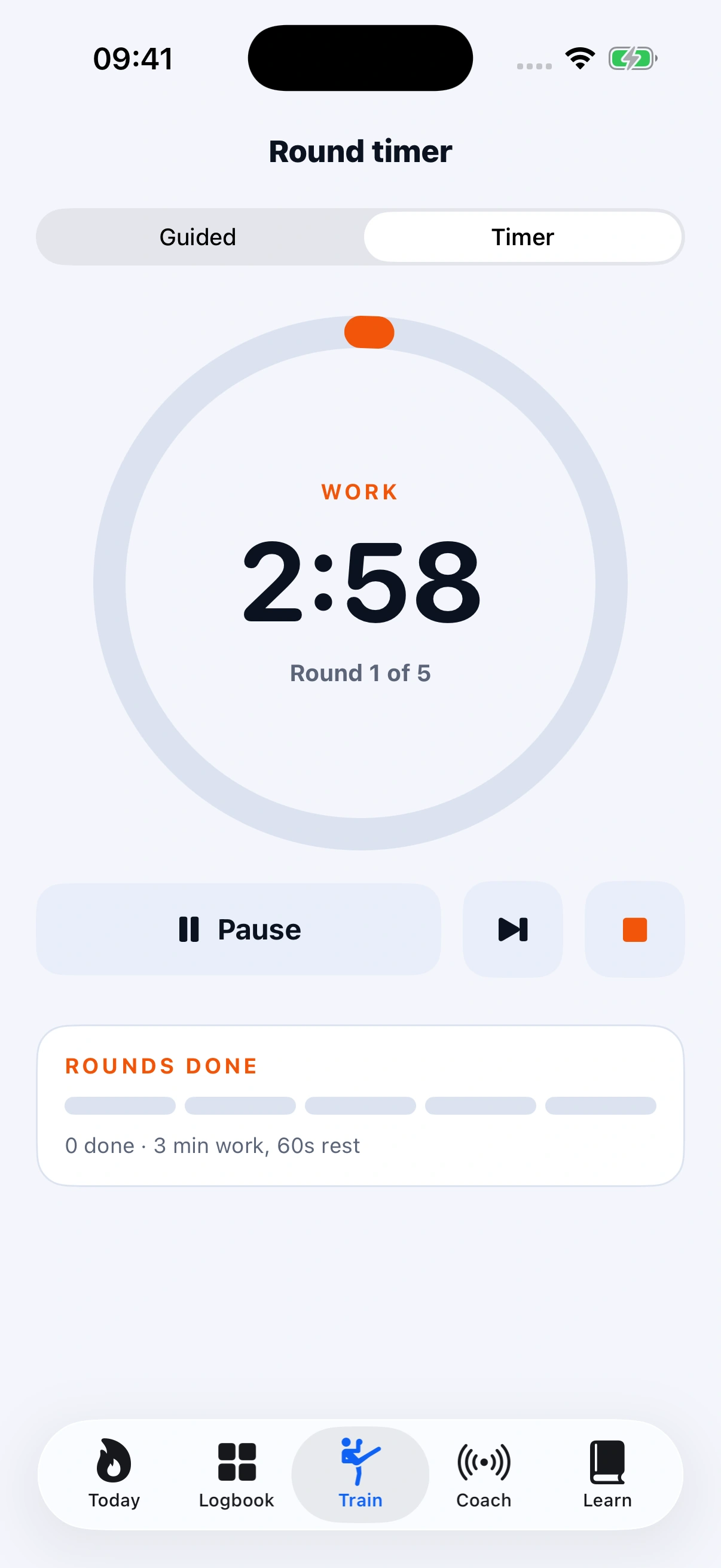 MuayCamp round timer: work and rest intervals during training